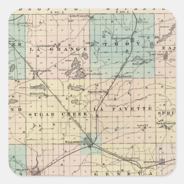 Karte des Landkreises Walworth, Staat von Wisconsi Quadratischer Aufkleber (Vorderseite)