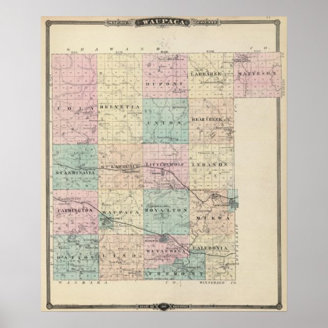 Karte des Landkreises Waupaca, Staat Wisconsin Poster (Vorne)