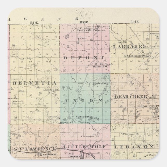 Karte des Landkreises Waupaca, Staat Wisconsin Quadratischer Aufkleber (Vorderseite)