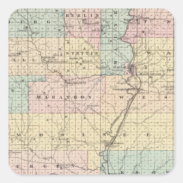 Karte des Marathon-Landkreises Quadratischer Aufkleber (Vorderseite)