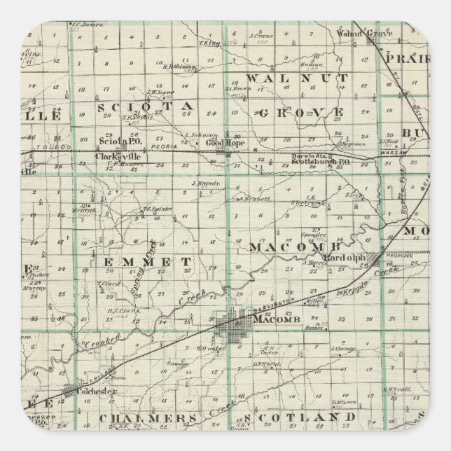 Karte des McDonough-Landkreises, Rushville Quadratischer Aufkleber (Vorderseite)