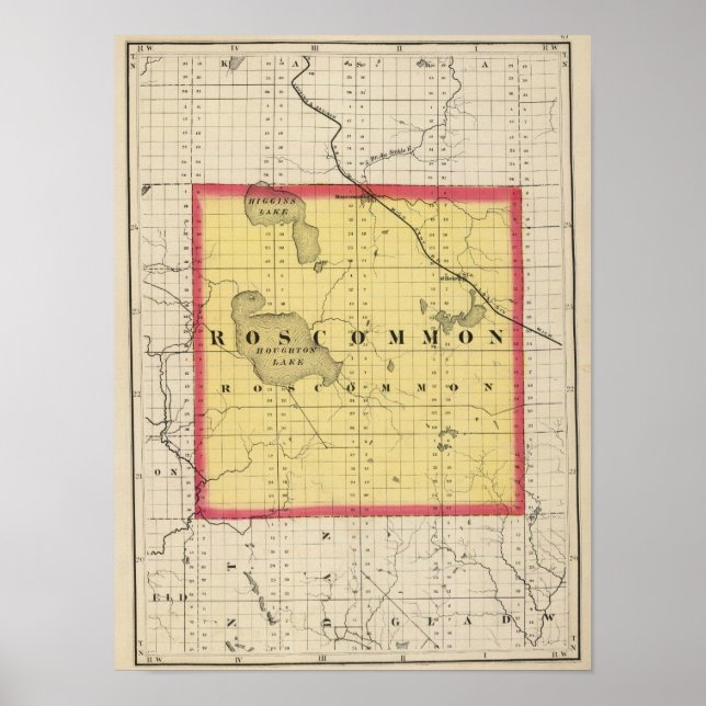 Karte des Roscommon Landkreises, Michigan Poster (Vorne)