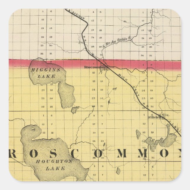 Karte des Roscommon Landkreises, Michigan Quadratischer Aufkleber (Vorderseite)
