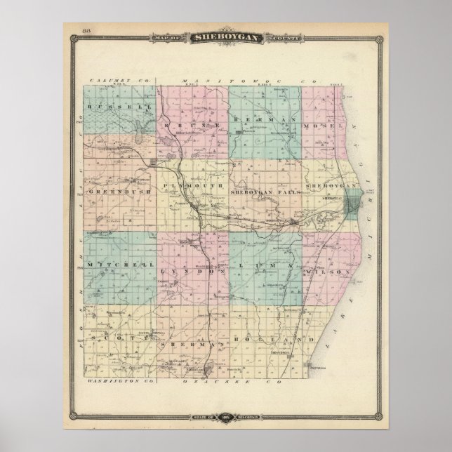 Karte des Sheboygan-Landkreises, Staat von Wiscons Poster (Vorne)
