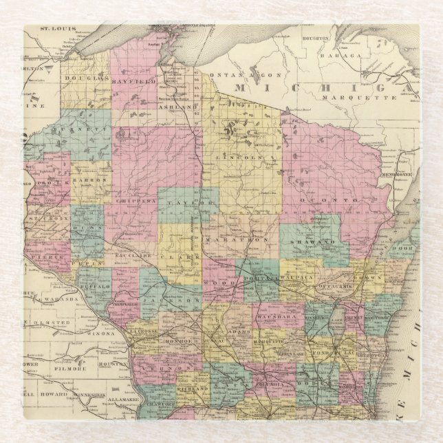 Karte des Staat von Wisconsin Glasuntersetzer (Vorderseite)