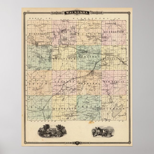 Karte des Waukesha-Landkreises, Staat von Wisconsi Poster (Vorne)