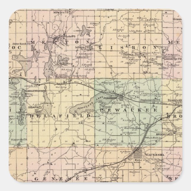 Karte des Waukesha-Landkreises, Staat von Wisconsi Quadratischer Aufkleber (Vorderseite)