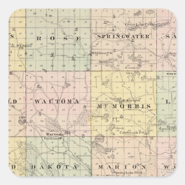 Karte des Waushara-Landkreises, Necedah und Wautom Quadratischer Aufkleber (Vorderseite)