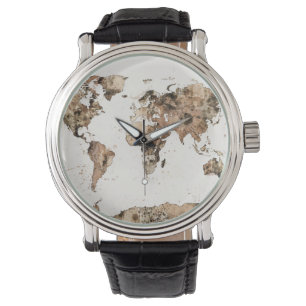 Karte des Weltkartesepia-Aquarells Armbanduhr
