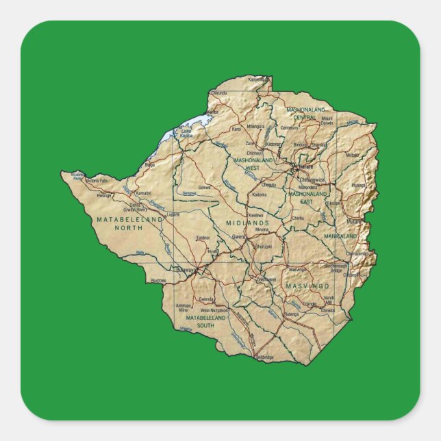 Karte für Simbabwe Quadratischer Aufkleber (Vorderseite)