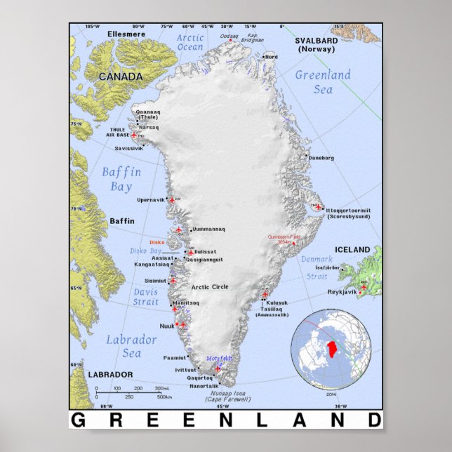 Karte Grönland ohne Eis Poster (Vorne)