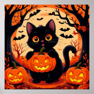 Karte Katzen und Kürbisse unter dem Vollmond Poster
