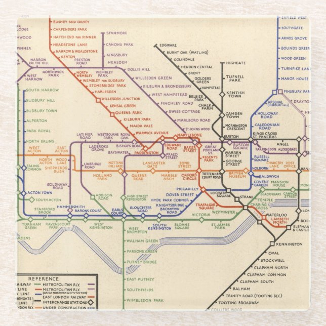 Karte Londons der Untergrund-Eisenbahnen Glasuntersetzer (Vorderseite)