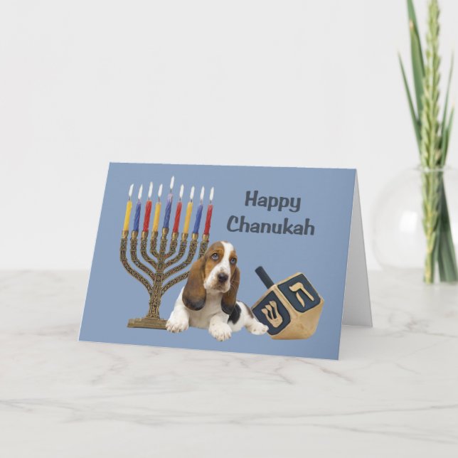Karte Menorah Dreidel Basset Hounds Chanukah (Vorderseite)