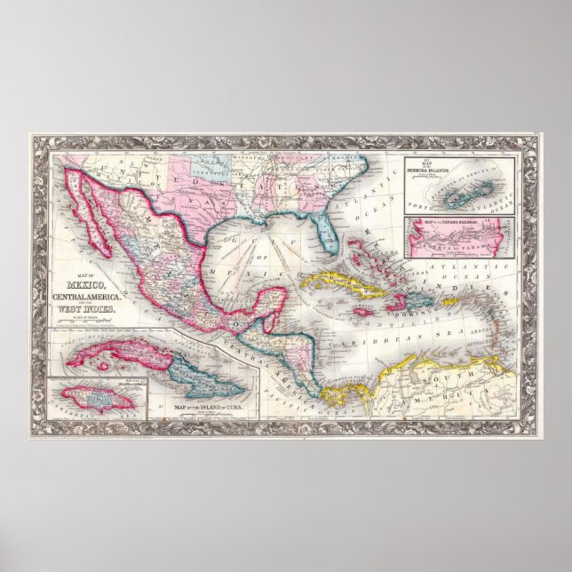 Karte Mexiko, Mittelamerika und Karibik (1860) Poster (Vorne)