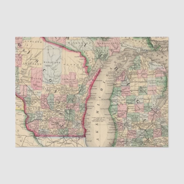 Karte Michigans, Wisconsin durch Mitchell Seidenpapier (Vorderseite)