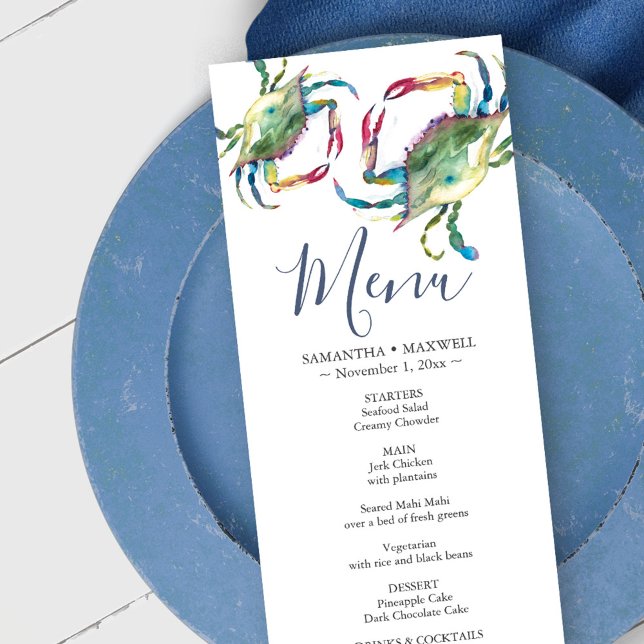 Karte mit der Karte "Blue Crab Coastal" (Wedding decor beach menu card blue crabs watercolor art by Victoria Grigaliunas)