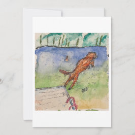 Karte mit Hund, der von einem Steg springt