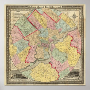 Karte um die Stadt von Philadelphia Poster