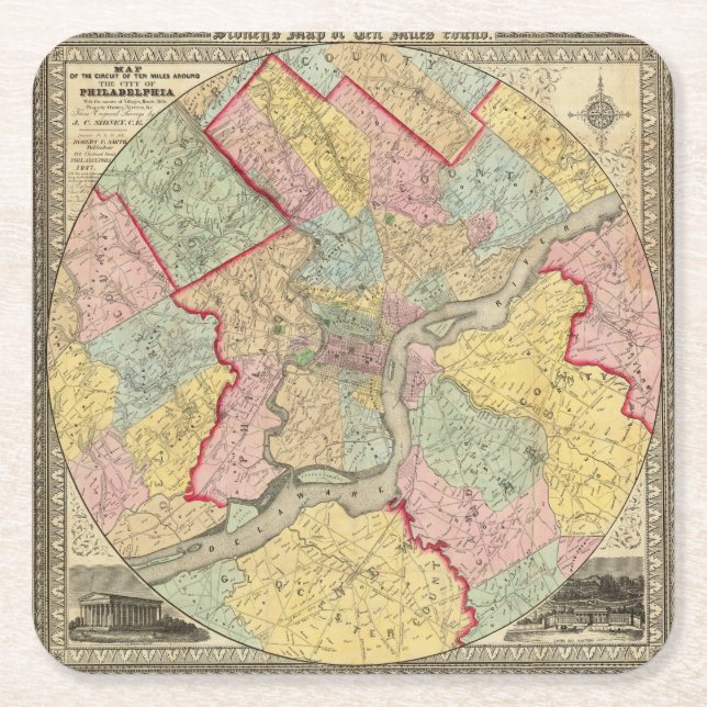 Karte um die Stadt von Philadelphia Rechteckiger Pappuntersetzer (Vorderseite)
