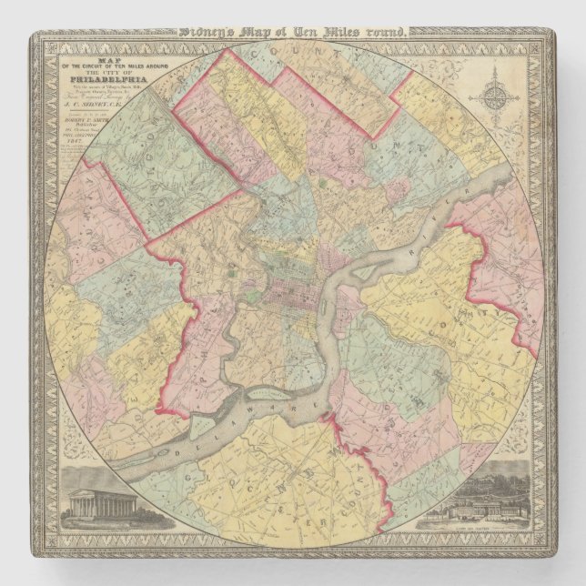 Karte um die Stadt von Philadelphia Steinuntersetzer (Vorderseite)