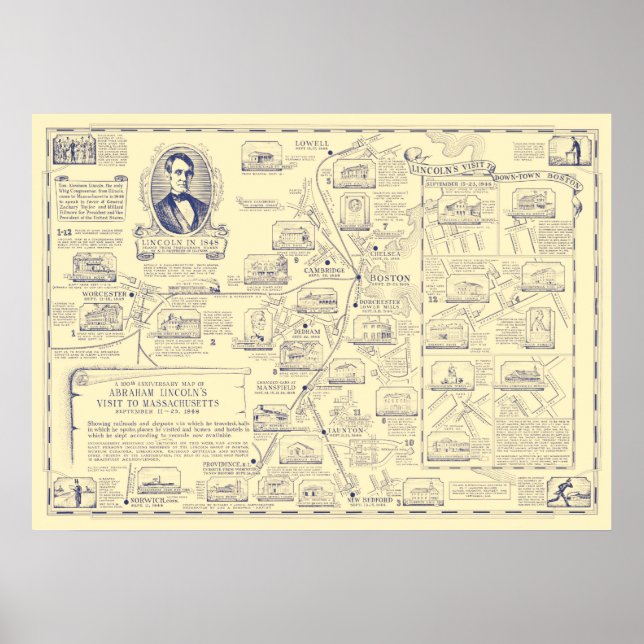 Karte von Abraham Lincolns Besuch von Massachusett Poster (Vorne)