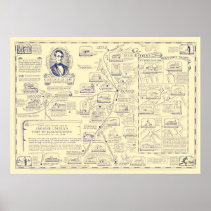 Karte von Abraham Lincolns Besuch zu Massachusetts Poster