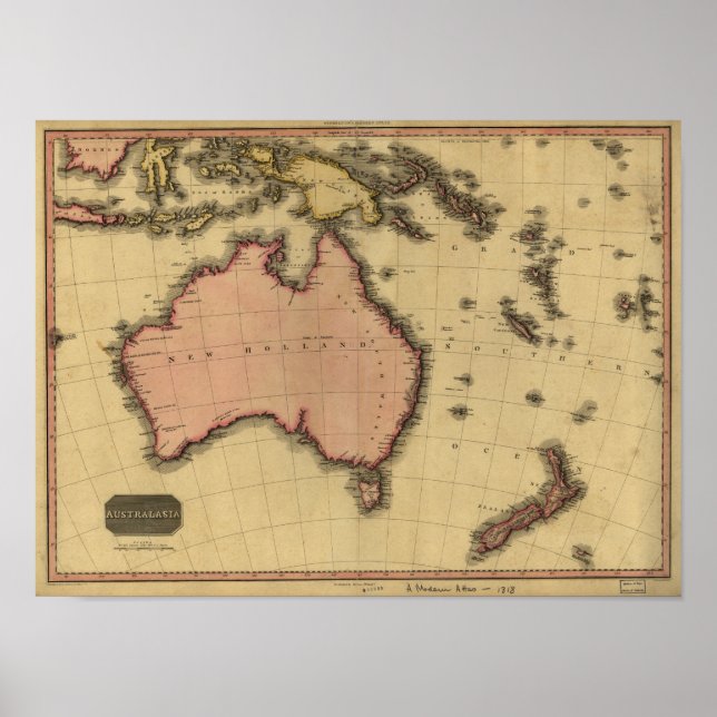 Karte von Australien und Neuseeland 1818 Poster (Vorne)