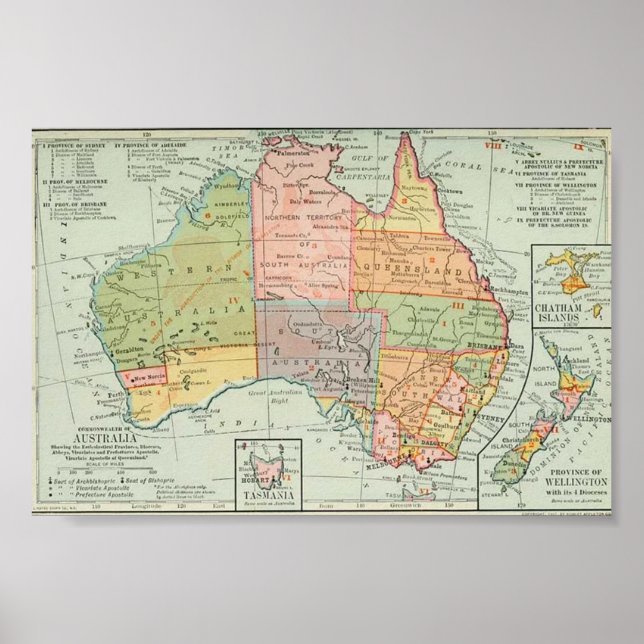 Karte von Australien und Neuseeland 1907 Poster (Vorne)