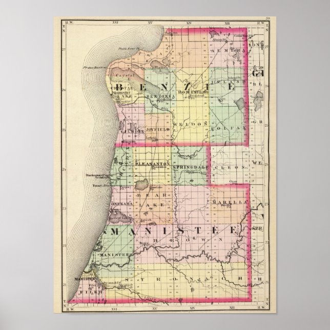 Karte von Benzie und Manistee Landkreises, Michiga Poster (Vorne)