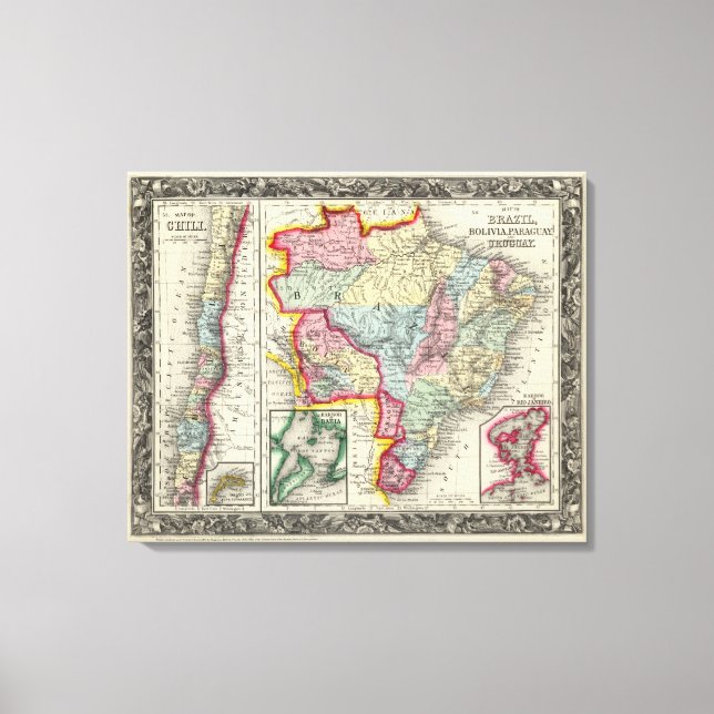Karte von Brasilien, Bolivien, Paraguay und Urugua Leinwanddruck (Vorderseite)