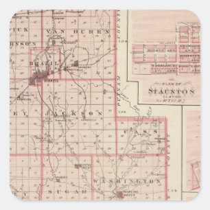 Karte von Clay County mit Staunton, Harmonie Quadratischer Aufkleber