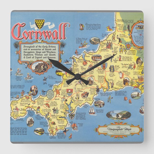 Karte von Cornwall, England Quadratische Wanduhr (Vorderseite)
