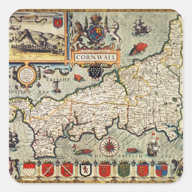 Karte von Cornwall Quadratischer Aufkleber (Vorderseite)