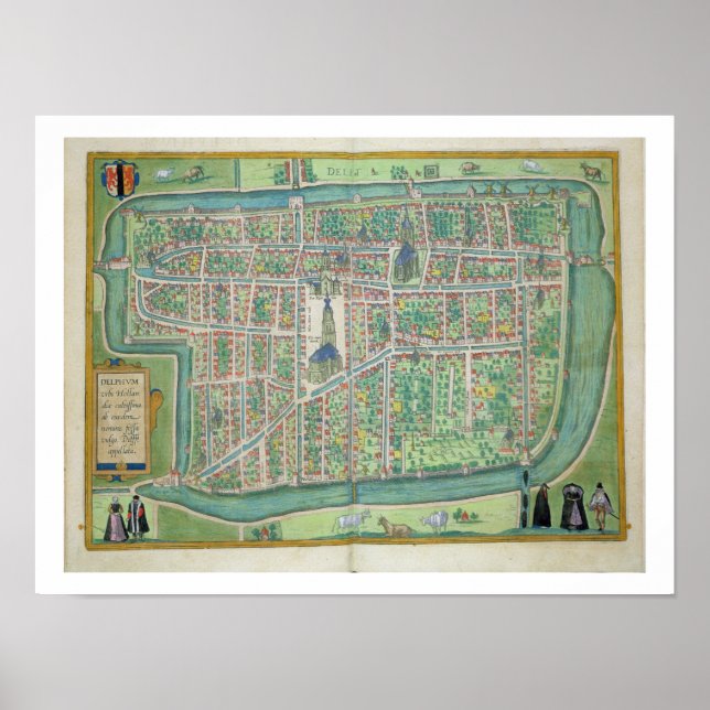 Karte von Delft, von "Civitates Orbis Terrarum" vo Poster (Vorne)