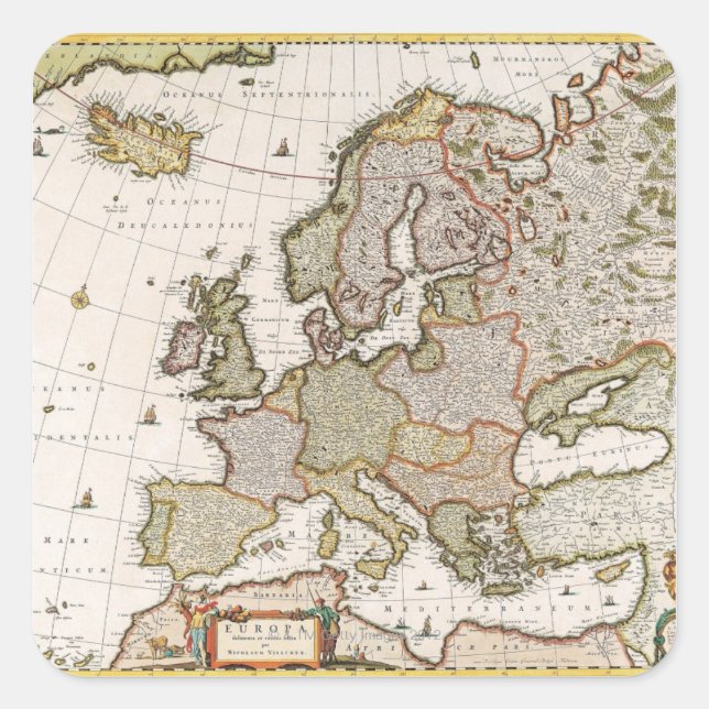 Karte von Europa 4 Quadratischer Aufkleber (Vorderseite)