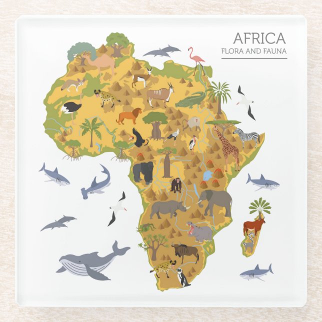 Karte von Flora u. von Fauna Afrikas | Glasuntersetzer (Vorderseite)