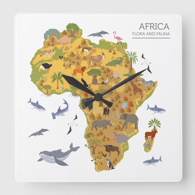 Karte von Flora u. von Fauna Afrikas | Quadratische Wanduhr (Vorderseite)