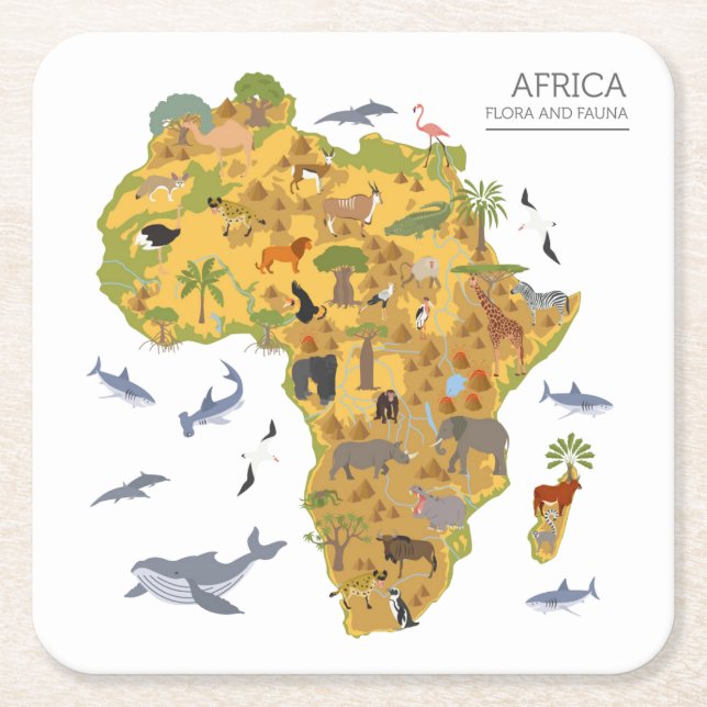 Karte von Flora u. von Fauna Afrikas | Rechteckiger Pappuntersetzer (Vorderseite)