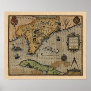 Karte von Florida und der Karibik (1588) Poster