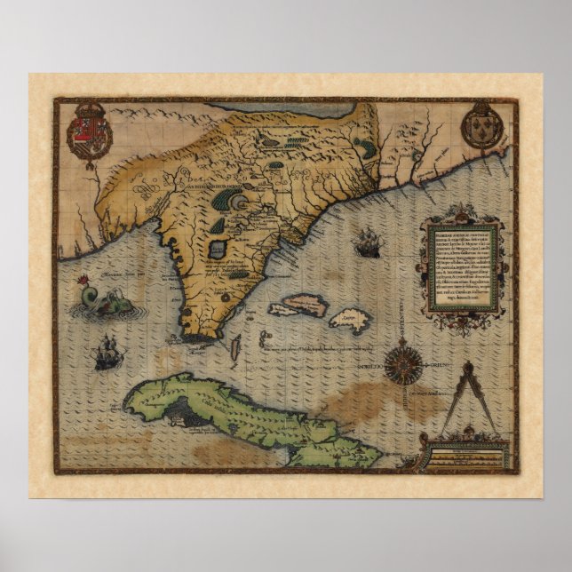 Karte von Florida und der Karibik (1588) Poster (Vorne)