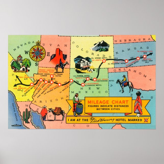 Karte von Fred Harvey Hotel LocationsCA zu KS Poster (Vorne)