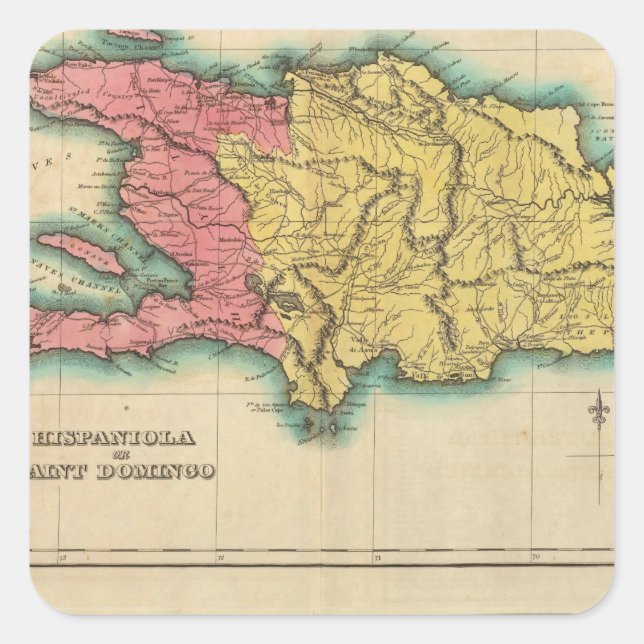 Karte von Hispaniola oder St Domingo Quadratischer Aufkleber (Vorderseite)