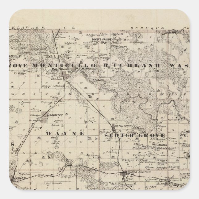 Karte von Jones Landkreis, Staat von Iowa Quadratischer Aufkleber (Vorderseite)