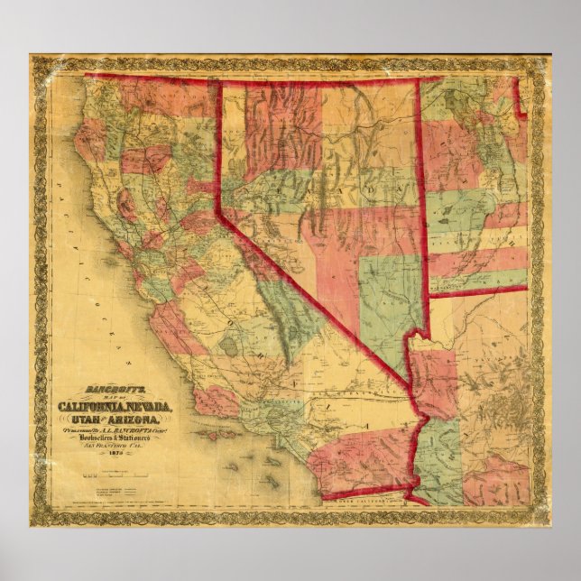 Karte von Kalifornien, Nevada, Utah Poster (Vorne)