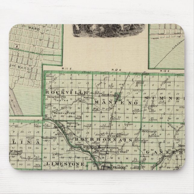 Karte von Kankakee Landkreis, Kankakee und Gilman Mousepad (Vorne)