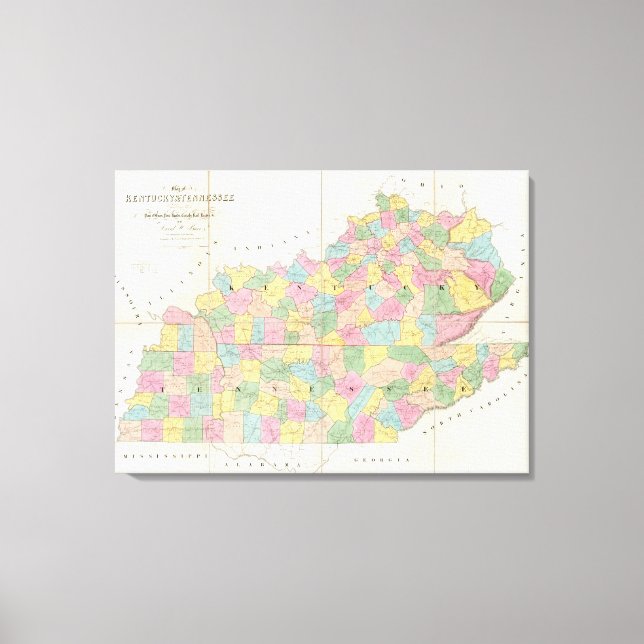 Karte von Kentucky & Tennessee Leinwanddruck (Vorderseite)