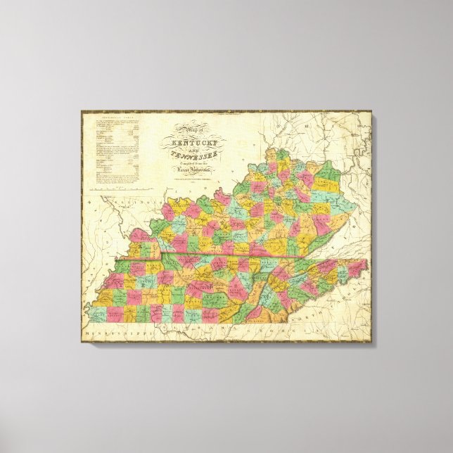 Karte von Kentucky und Tennessee Leinwanddruck (Vorderseite)