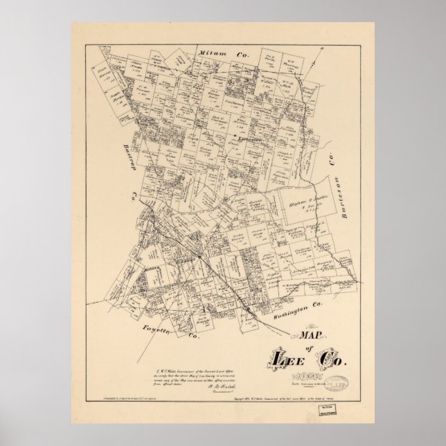 Karte von Lee Landkreis, Texas (1879) Poster (Vorne)