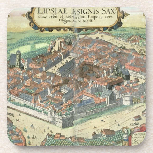 Karte von Leipzig, von "Civitates Orbis Terrarum" Untersetzer (Vorderseite)